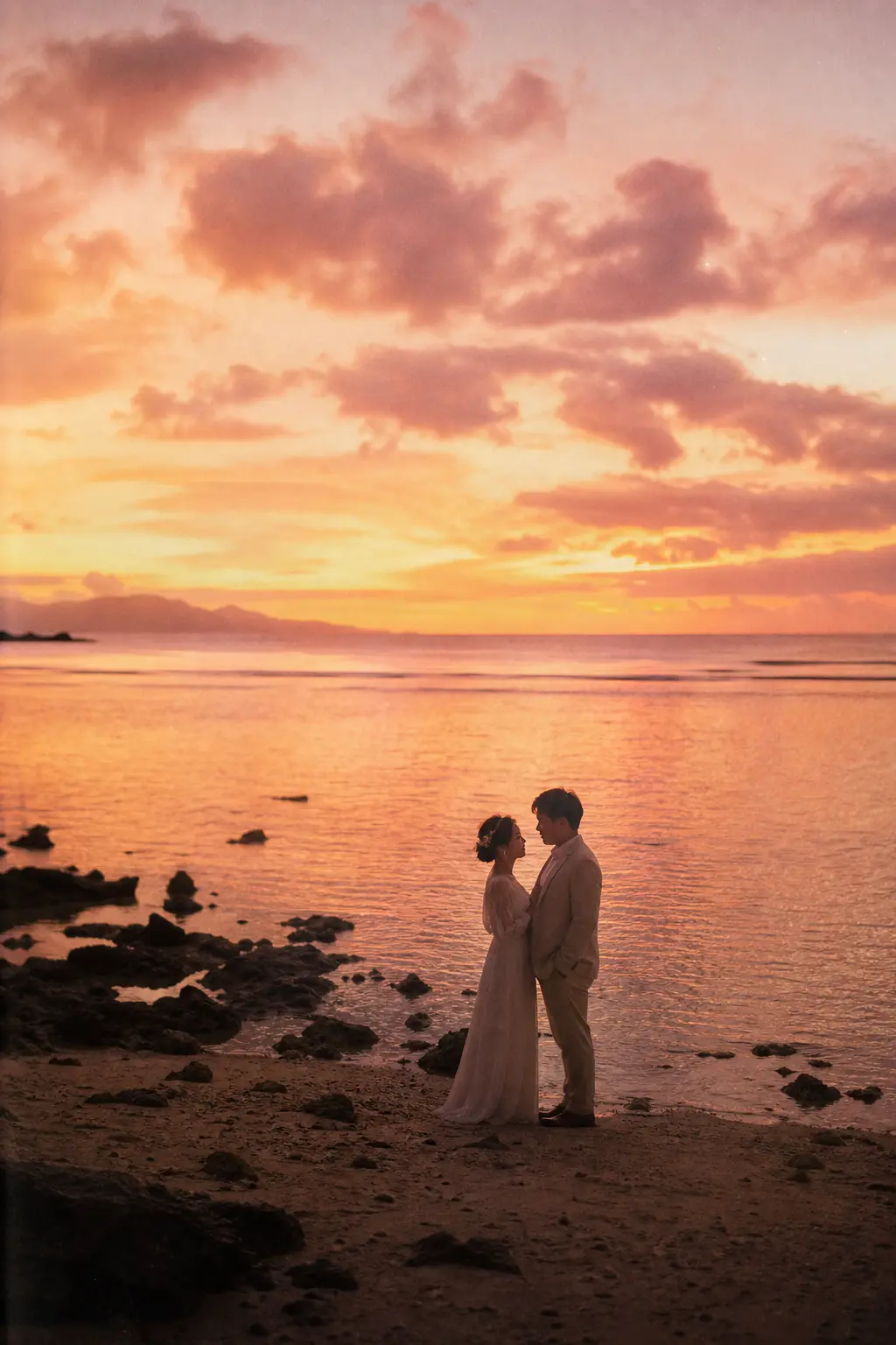 夕暮れの海辺で向かい合うカップルフォト